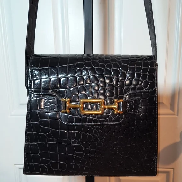Vintage TALBOTS Black/Gold Crocodile Embossed Crossbody Bag NICE - Picture 2 of 15